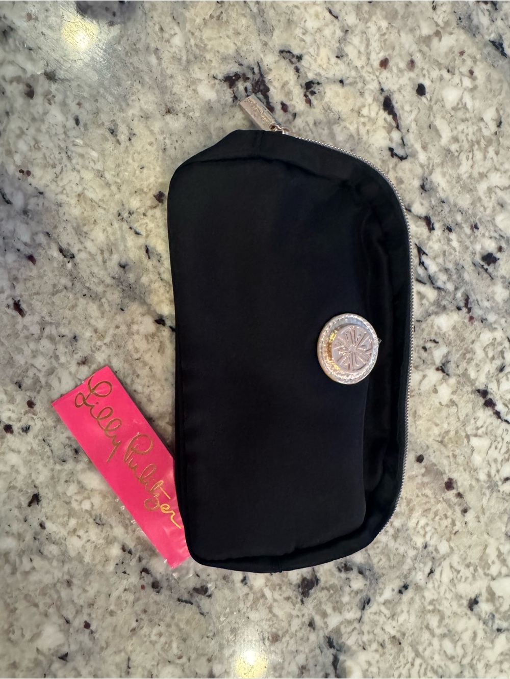 Lilly Pulitzer Black Cosmetic Pouch with Silver Medallion Accent